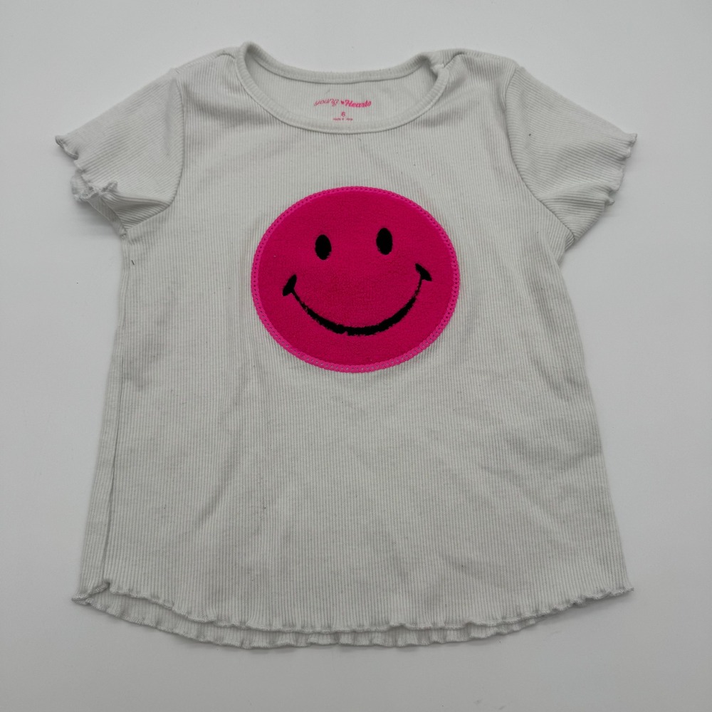 Young Hearts Girls Size 6 White Ribbed Shirt Pink Smiley Face Short Sleeve Top